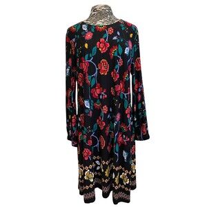 LOFT Floral Swing Dress Midi Long Sleeve Jersey‎ Stretch Black Red Blue Casual L